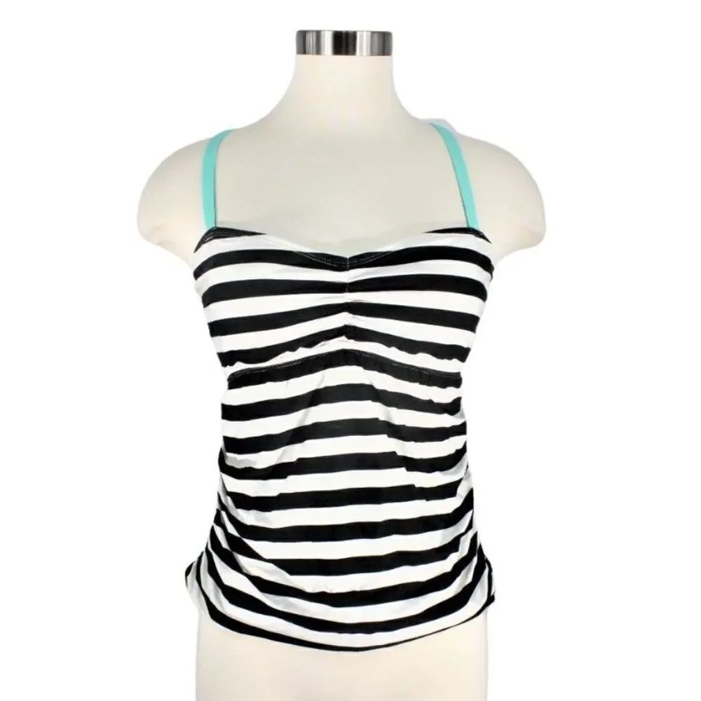 Swim Tankini Top Only Adjustable Strap Padded Bra Black & Cream Stripes Size Med